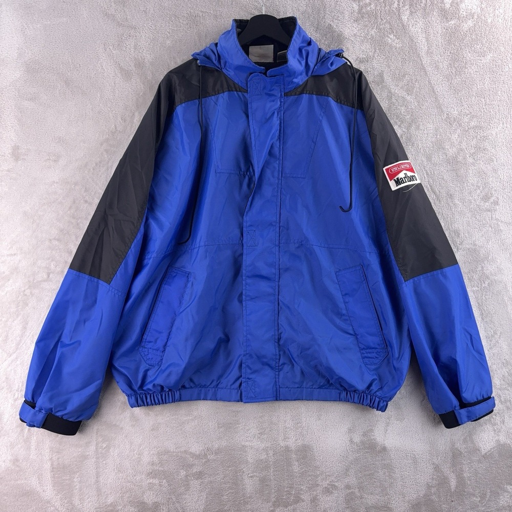 Marlboro Unlimited Jacket Mens Size XL Blue Black‎ Hooded Windbreaker